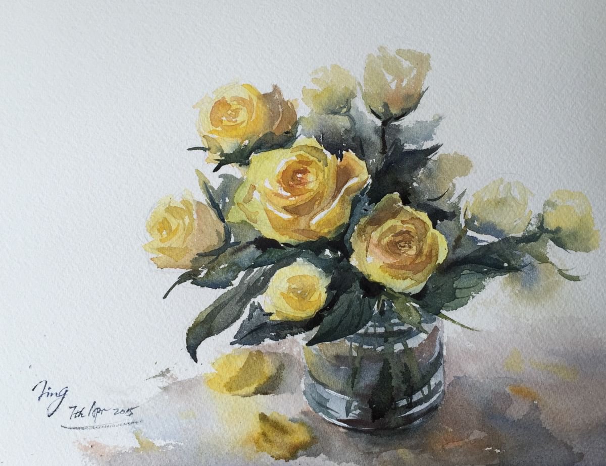 Impressionistic Botanical Watercolour By Jing Chen, 14 X 11, Vase Of Roses 9, Original Artwork