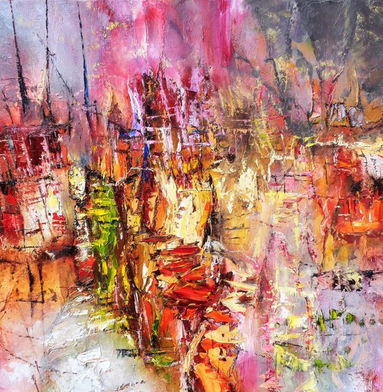 City In The Sky Abstract expressionism, vibrant colours. FREE POSTAGE!