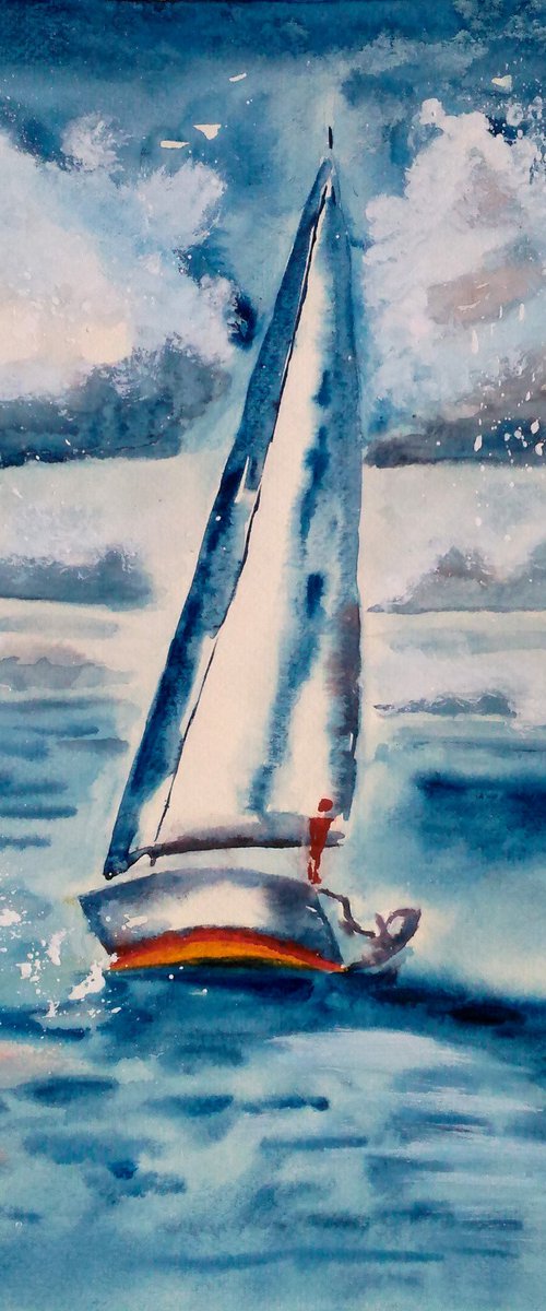 yacht sailing original watercolor painting impressionistic artwork"Between the ground and sky" by Halyna Kirichenko