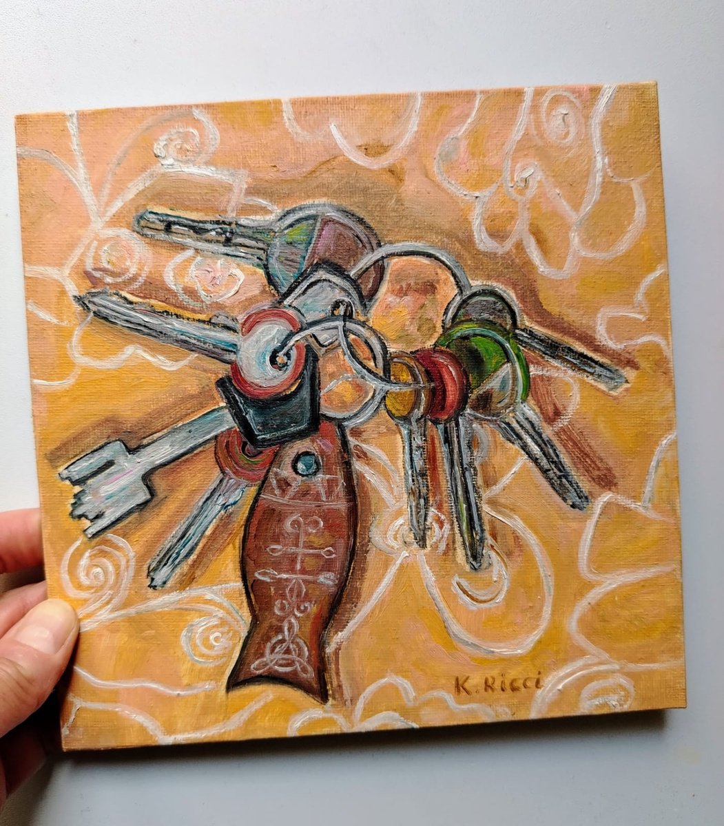 Impressionistic Still Life Oil Painting By Katia Ricci, 8 X 8", Keys Bunch, Original Artwork