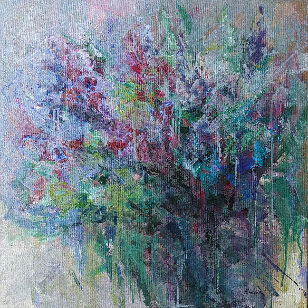 Expressive Botanical Acrylic Painting By Katia Solodka, 28 X 28", Floral Kaleidoscope, Original Artwork