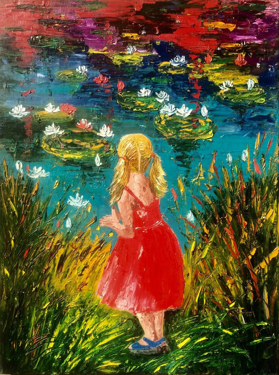 Impressionistic Portrait Oil Painting By Inna Montano, 18 X 24, Girl By The Magic Pond, Original Artwork