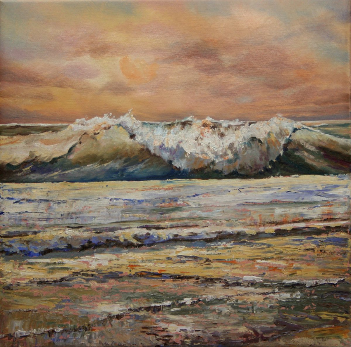 Impressionistic Landscape Oil Painting By Peter Goodhall, 18 X 18", Sunset Breakers, Original Artwork