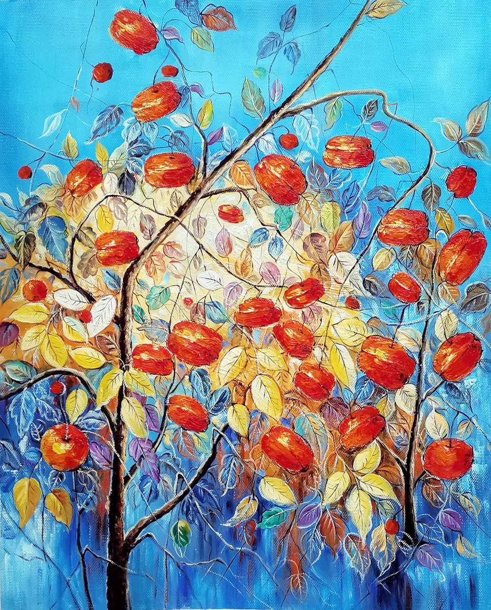 Impressionistic Botanical Oil Painting By Kunlong Wang, 31 X 39", Beauty Of Leaves, Original Artwork
