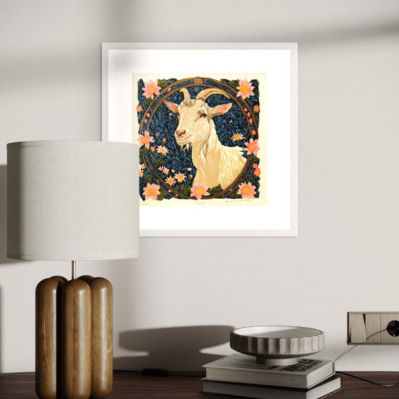 Goat – reduction linocut print