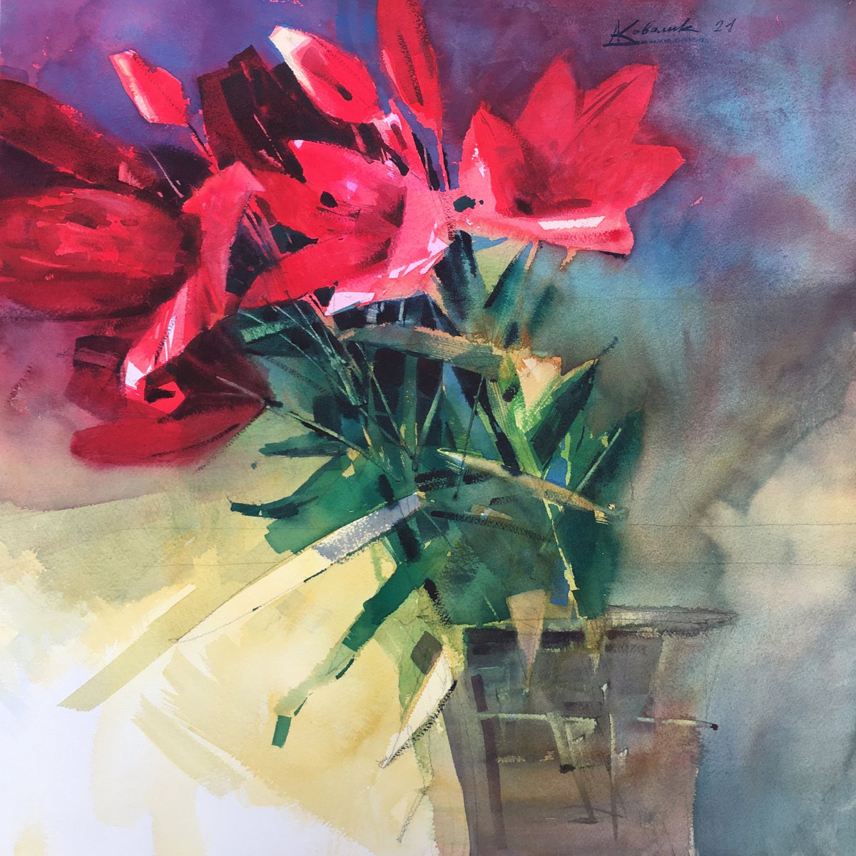 Impressionistic Botanical Watercolour By Andrii Kovalyk, 22 X 22, Red Lilies In A Vase, Original Artwork