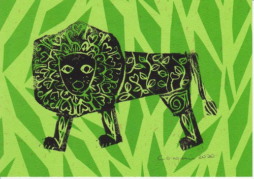 Lion -  on a green background by Catherine O’Neill