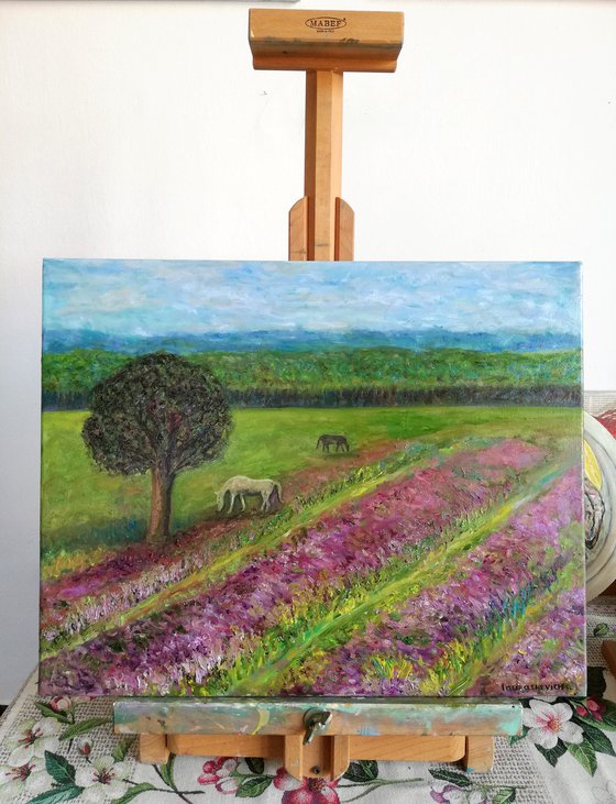 "Lavender Field with Horses in Pasture" - Original Oil on Canvas Painting 40x50 cm (16 by 20")