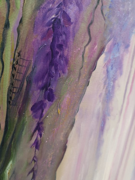 Spilled tenderness, oil painting, original gift, home decor, Flowerin, Livging Room, Wisteria, wisteria blooming, flowering tree, lilac flowers, wisteria picture, trees in bloom, gift for girl