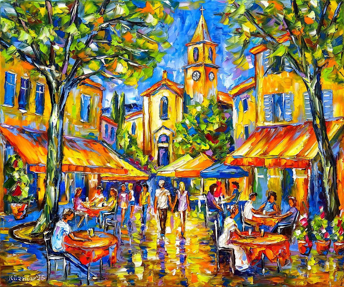Expressive Cityscapes Oil Painting By Mirek Kuzniar, 24 X 20", Summer In Provence, Original Artwork