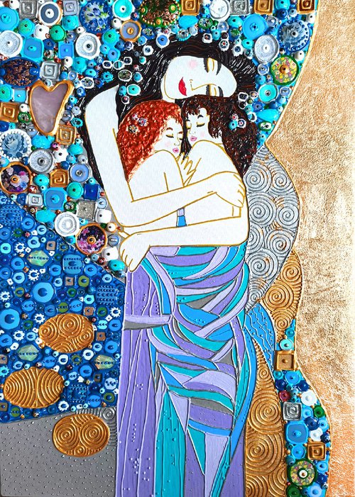 Twin mom portrait painting (Klimt inspired Mother and child). Natural precious stones & mosaic by BAST