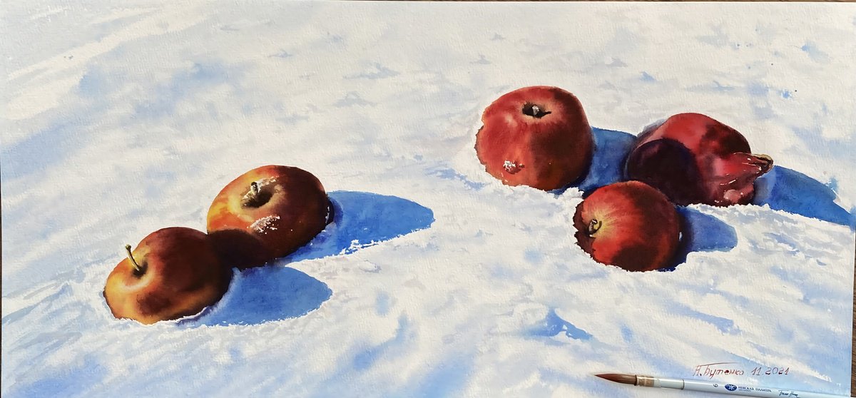 Illustrative Landscape Watercolour By Natalia Butenko, 21 X 10", Apples In Snow, Original Artwork