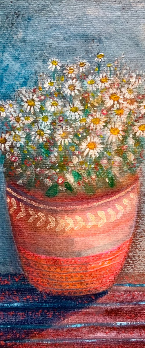 Daisy Pot, still life watercolour and acrylic painting by Janice MacDougall