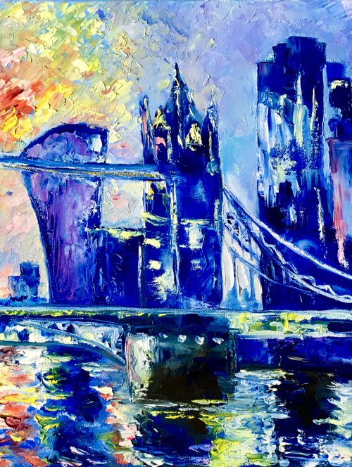 Tower bridge, City of London,  sunrise, variations of blue colors: ultramarine, navy blue, turquoise, sky blue, cobalt, palette knife original artwork. by Olga Koval