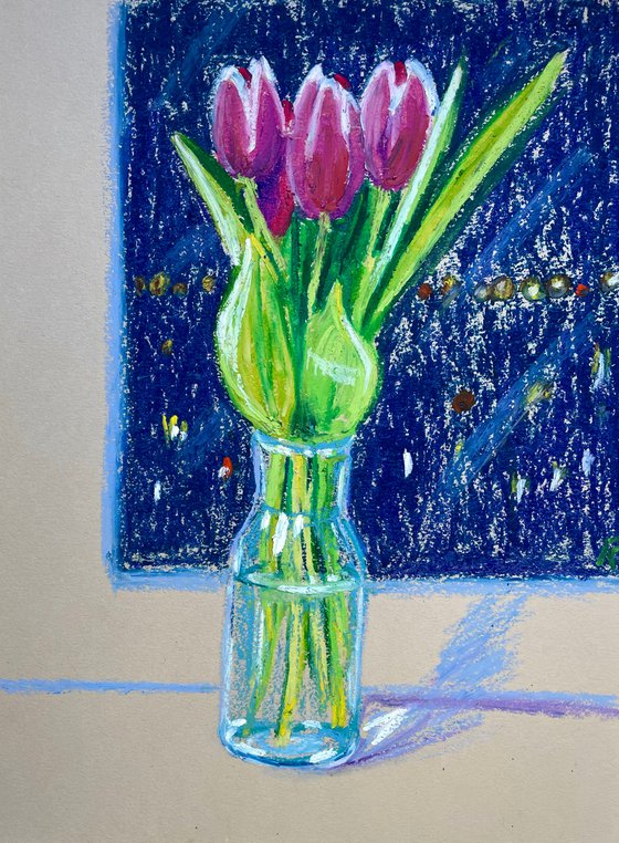 Tulips Original Painting, Oil Pastel Painting, Pink Flowers Drawing, Floral Wall Art, Gift for Her