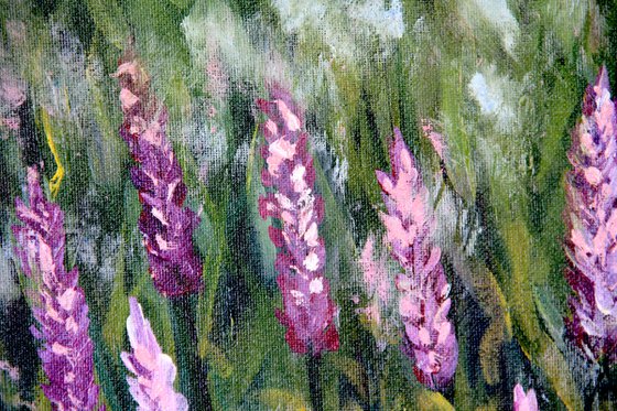 Mountains river pink purple flowers river oil landscape