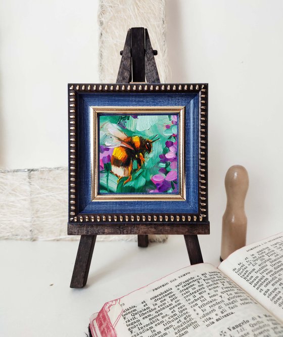 Bee artwork painting original 2x2, Bumblebee painting oil green lavander, Honey bee wall art miniature