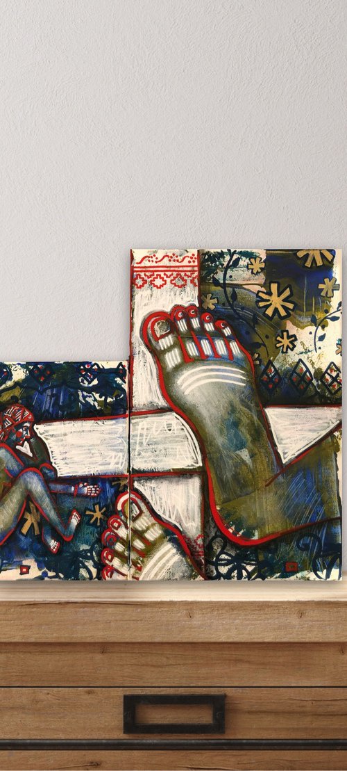 «Rethinking” small green and red painting | Ukrainian contemporary folk art by Yuliia Chaika