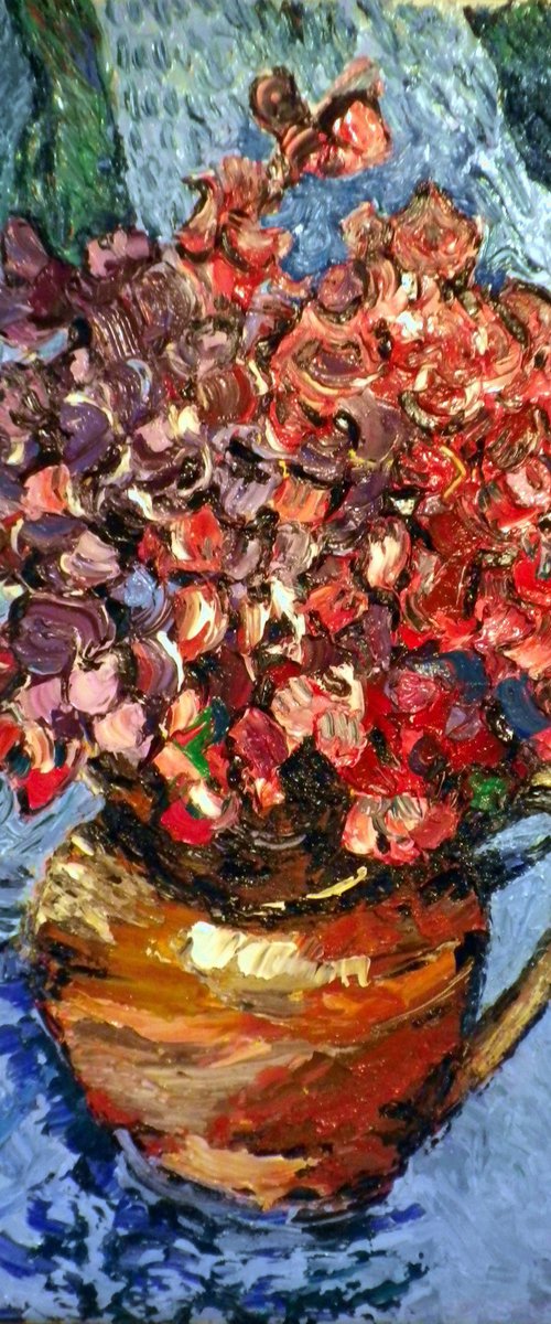 Sweetpeas in an earthenware jug by Richard Meyer