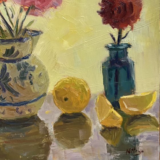 Backlit flowers and lemons