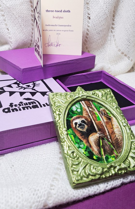 Three-toed sloth, part of framed animal miniature series "festum animalium"