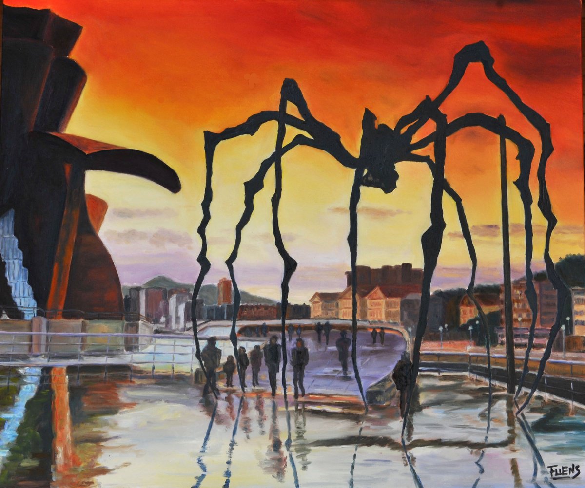 Urban And Pop Cityscapes Oil Painting By Fuensanta Ruiz Urien, 26 X 22, Bilbao Y Su Arana, Original Artwork