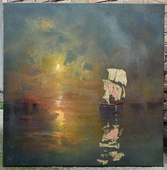 " Harbor of destroyed dreams - Emerald Night " W 110 x H 110 cm