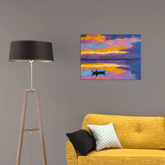 Silence - colorful evening on the lake; sunset; home, office décor