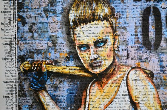 Punk Girl With Baseball - Collage Art on Large Real English Dictionary Vintage Book Page