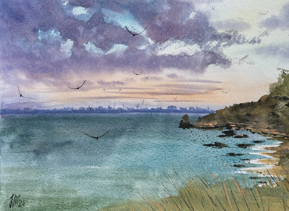 Impressionistic Watercolour , Seascape Plein Air Seagulls By Yuliia Sharapova, 20 X 16, Artwork For Sale On Artfinder
