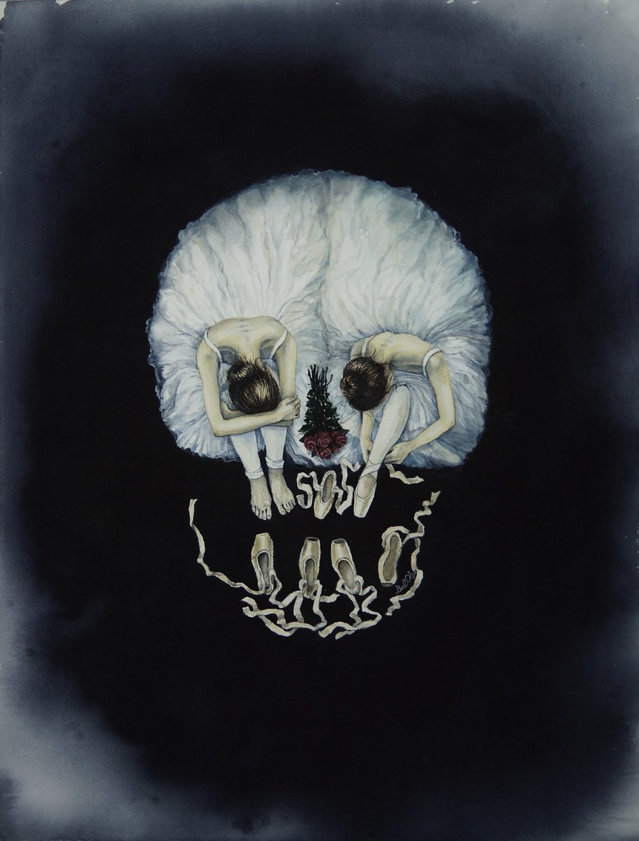 The Fragile Illusion - Ballerinas - Optical Illusion Skull - Halloween by Olga Beliaeva Watercolour