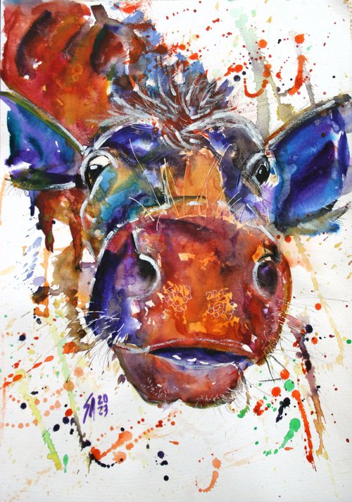 Funny Cow II / FROM THE SERIES OF EXPRESSIVE ANIMAL PORTRAITS / ORIGINAL PAINTING by Salana Art Gallery