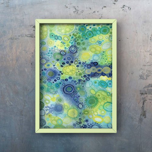 Original watercolor abstract art in green, blue and yellow by Liliya Rodnikova