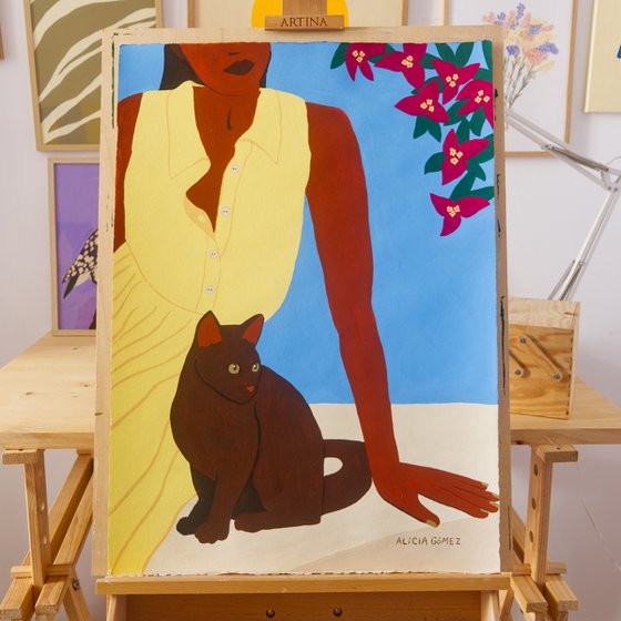 Girl, cat and bougainvillea