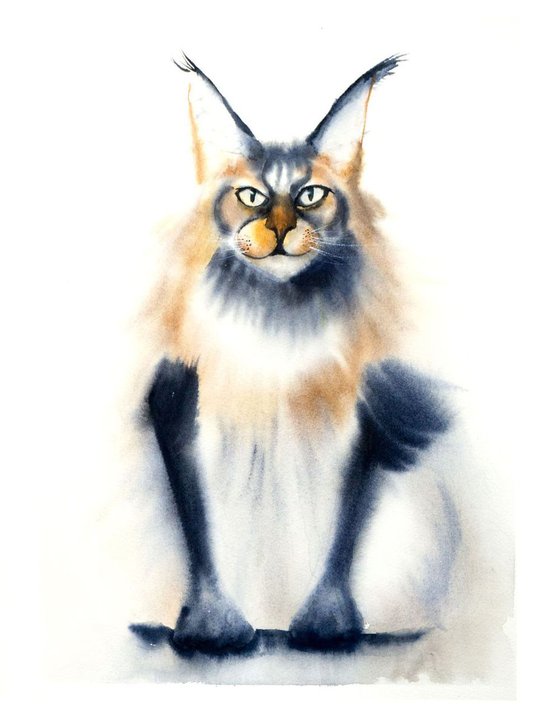 Whimsical Maine Coon Cat Original Watercolor painting