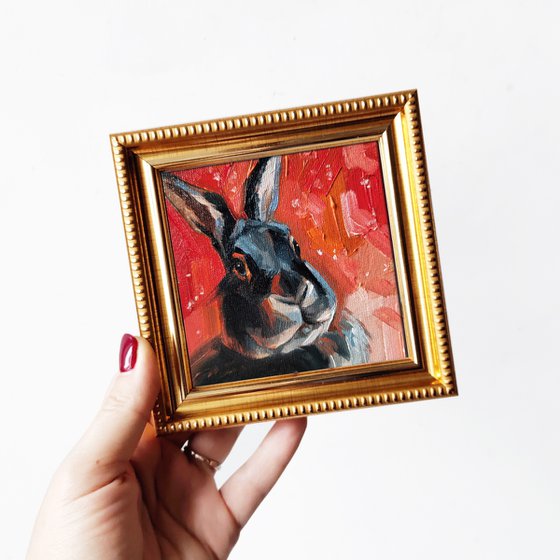 Rabbit art painting original, black red Rabbit picture framed for nursery 4x4, Rabbit Lover Gift for her mom