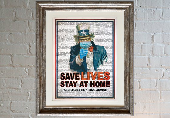 Save Lives, Stay at Home - Collage Art Print on Large Real English Dictionary Vintage Book Page