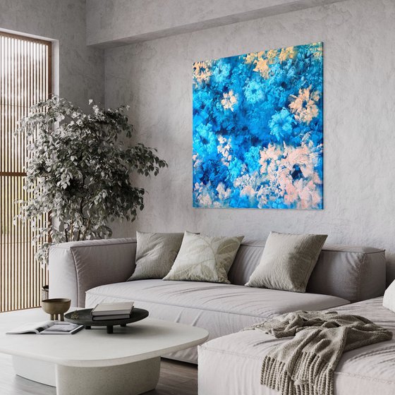 "Elegance in blue and apricot tones", XXL abstract flower painting