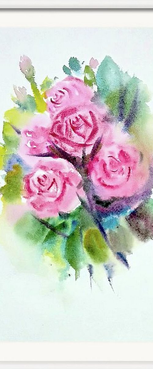 Five pink watercolor Roses by Asha Shenoy