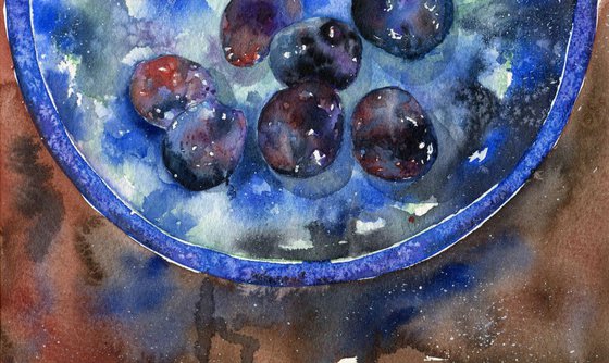 Original Watercolour Painting of Plums in Canterbury Pottery Bowl