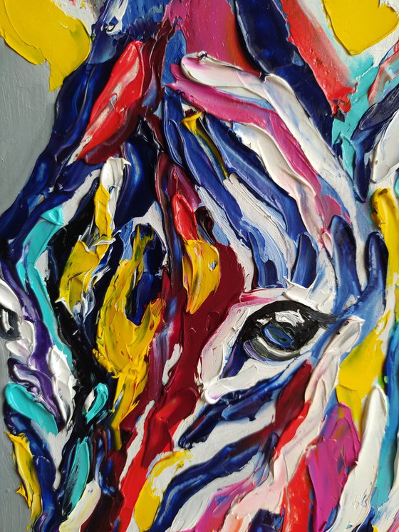 Colored stripes in life - zebra, oil painting, animals, zebra face, animal oil painting, gift