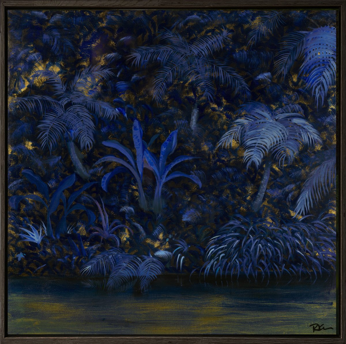 Impressionistic Botanical Painting By Robert Kerr, 25 X 25", Rainforest Blues, Original Artwork