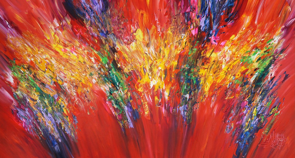 Abstract Acrylic Painting By Peter Nottrott, 61 X 33", Red Energy L 6, Original Artwork