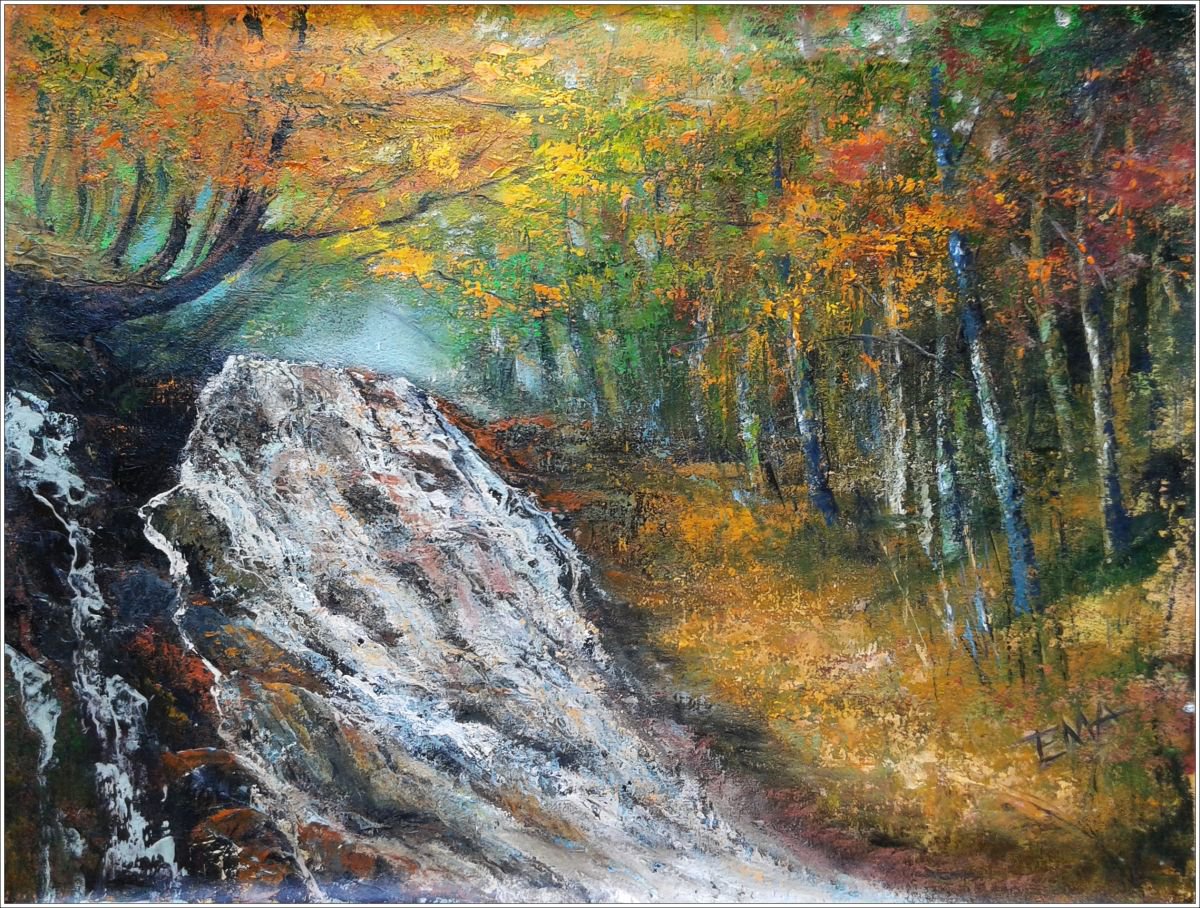 WARMTH, 70x53cm, autumn forest trees waterfall river landscape painting by Emilia Milcheva