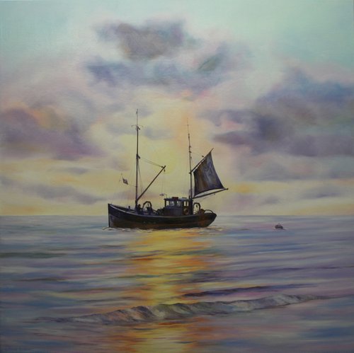 TRAWLER LEAVING THE MOORING by Peter Goodhall