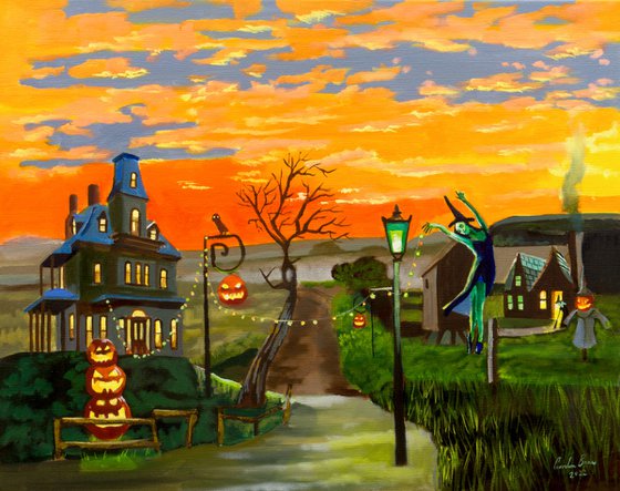 Halloween painting, flying witch, haunted house art