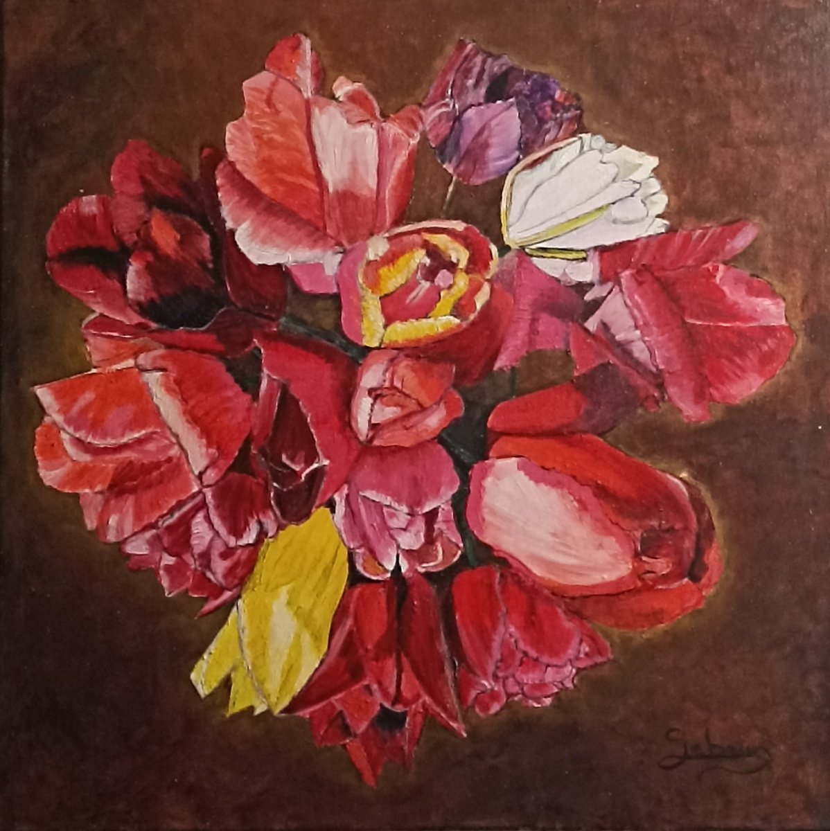 Impressionistic Botanical Oil Painting By Isabelle Lucas, 16 X 16, Tulips 21, Original Artwork