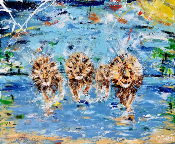LIONS: RUNNING WITH LIONS - WILD CATS - 100 X 120 CM| 39.37" X 47.24" BY OSWIN GESSELLI
