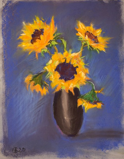 Sunflowers on a blue background. Small dry pastel drawing bright colors original art by Sasha Romm
