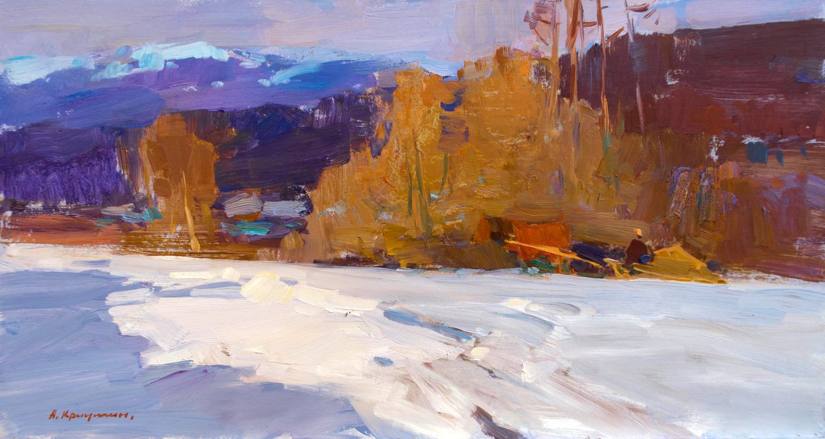 Impressionistic Botanical Oil Painting By Aleksandr Kryushyn, 22 X 12, Winter Morning, Original Artwork